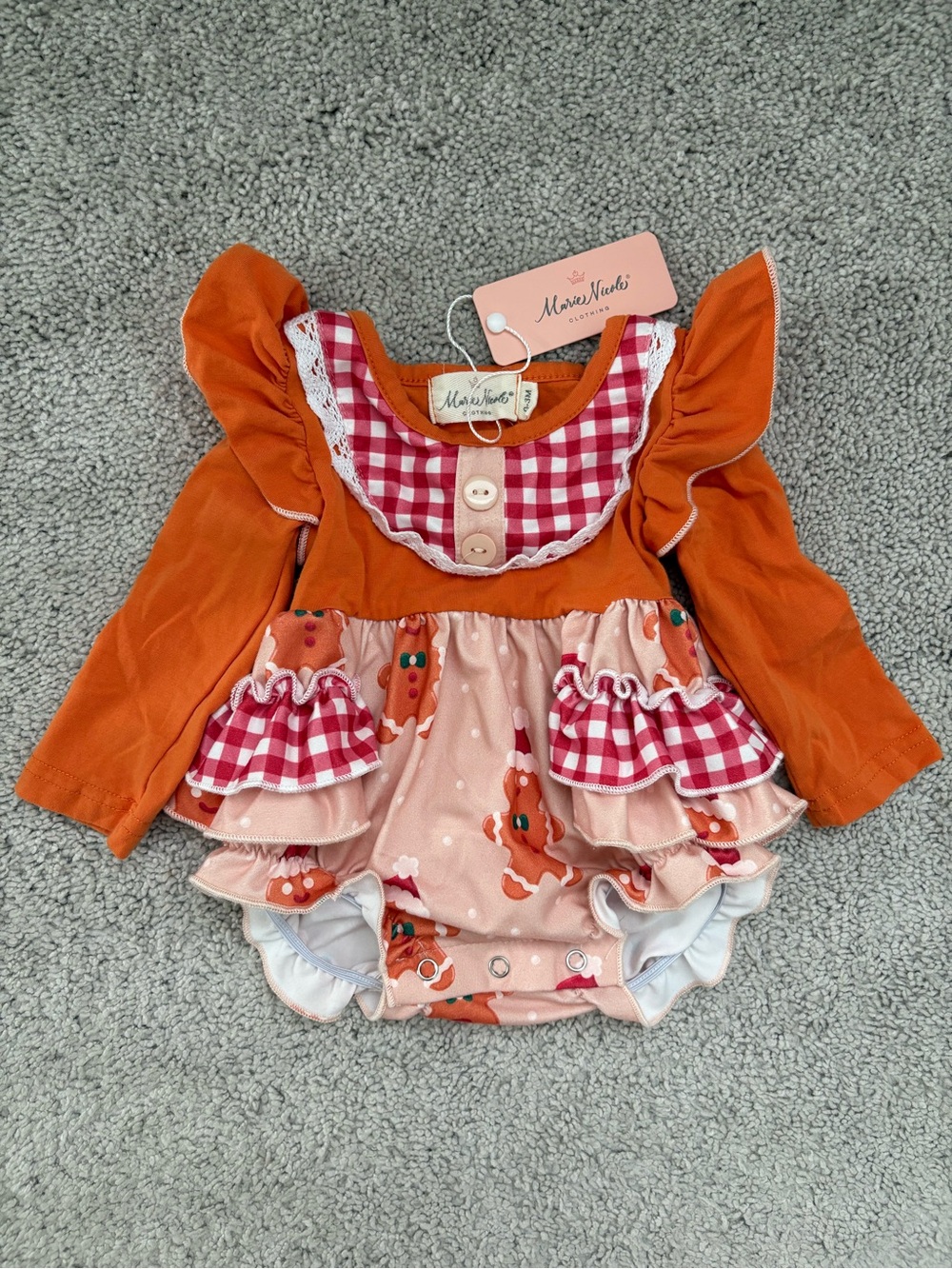 Marie Nicole Gingerbread Christmas Baby Girl Gingham Ruffle Lace Baby Romper
